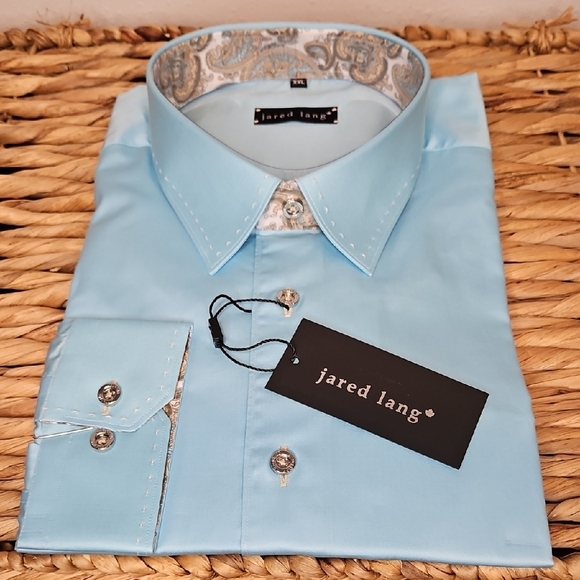 NWT Jared Lang Men's Teal Blue Dress Shirt with Silver Buttons & Paisley Accents - Picture 1 of 8